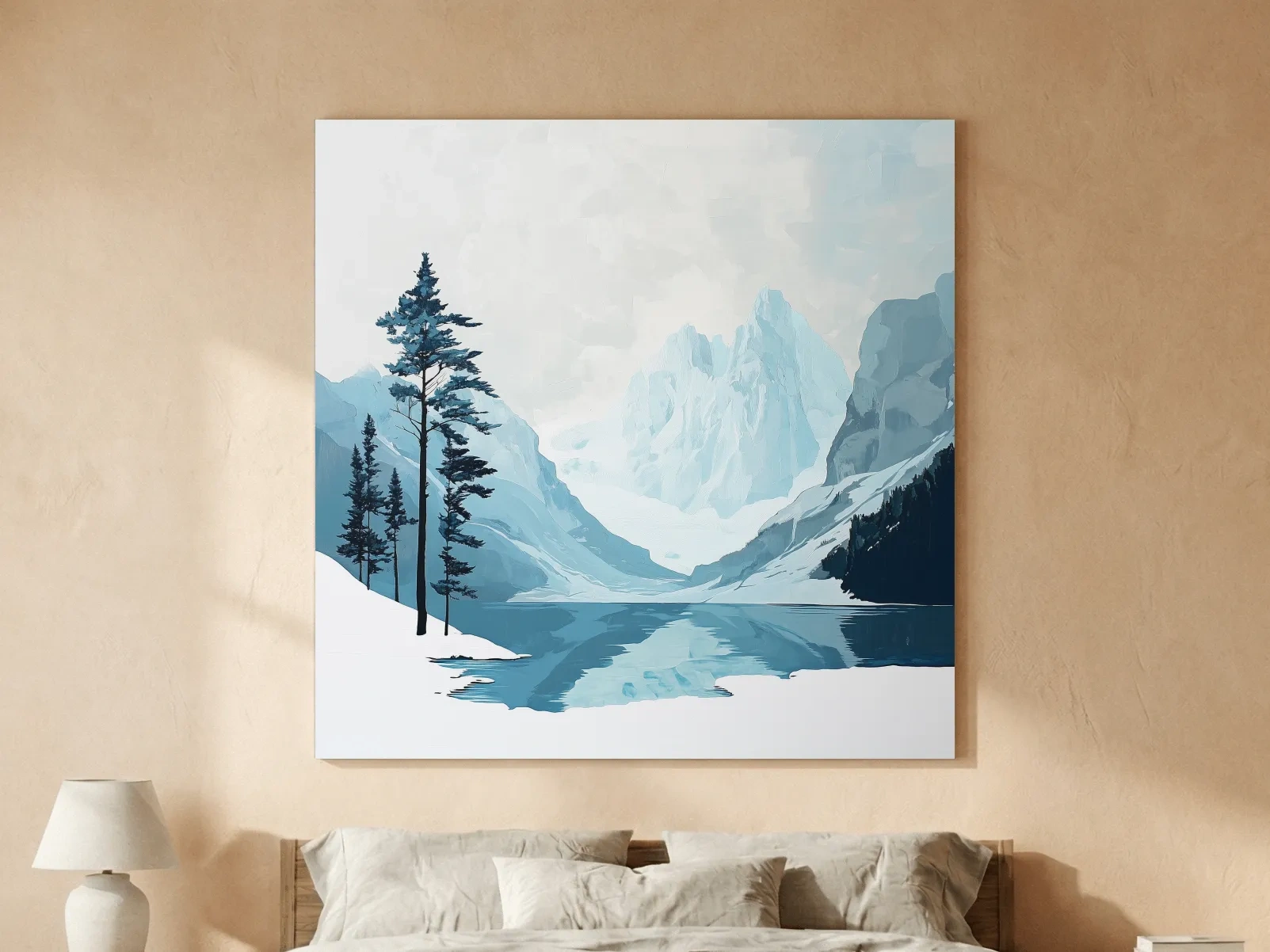 Minimalist Icy Mountain Lake - Scandinavian Winter Landscape Artwork