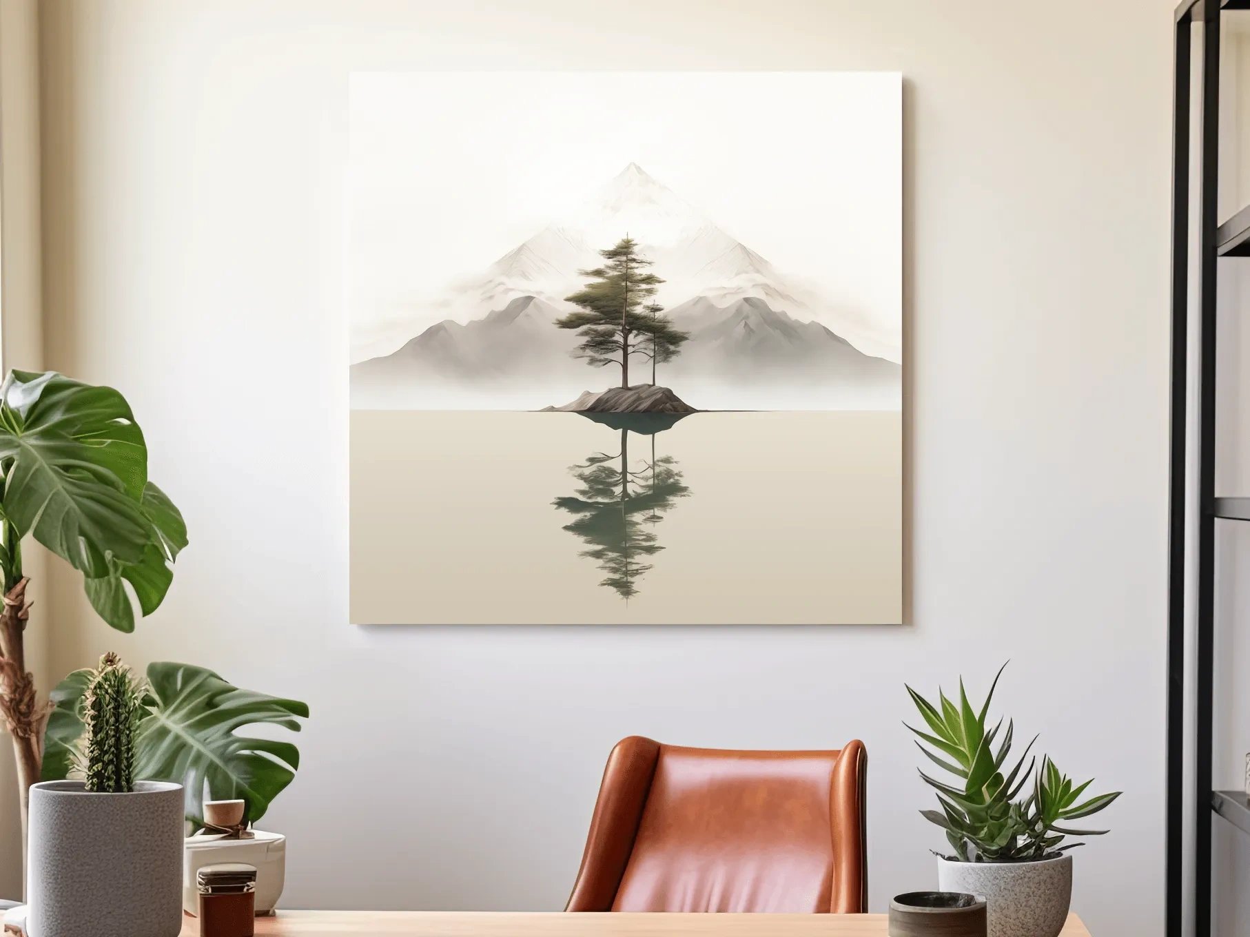 Minimalist Misty Lake Landscape Artwork - Serene Zen Pine Tree Reflection Art