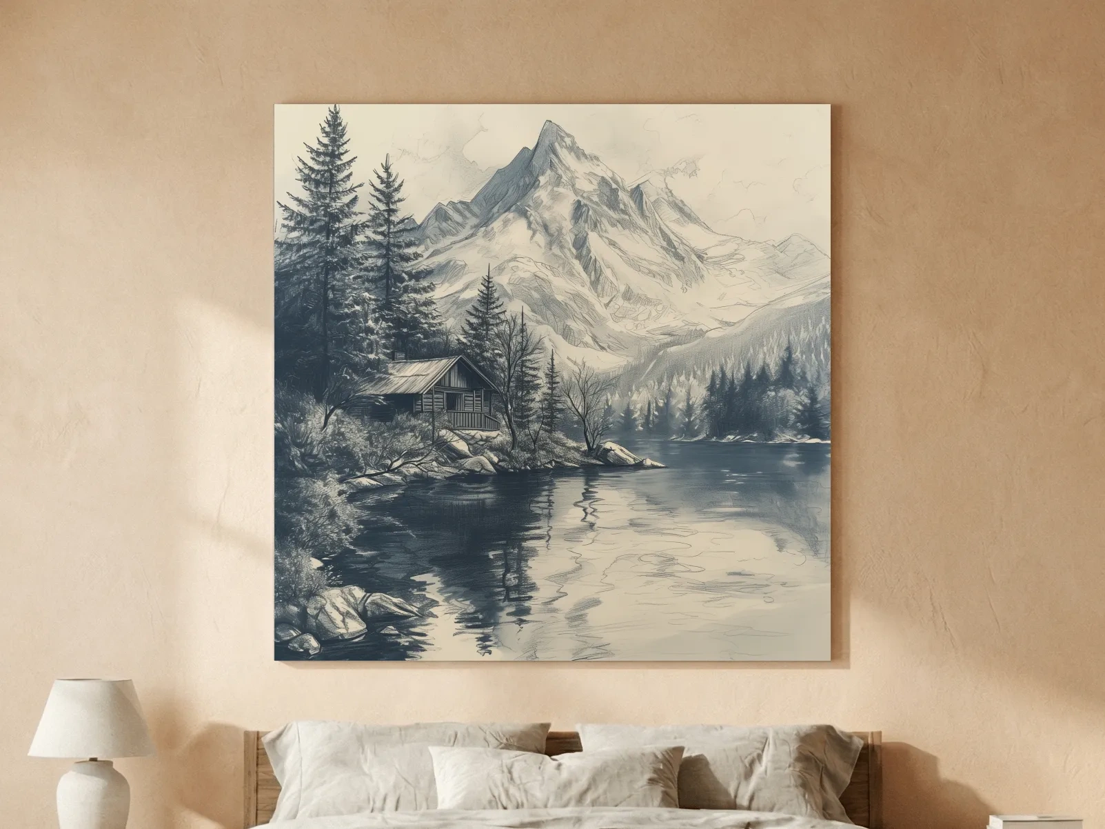 Vintage Alpine Cabin By Mountain Lake - Monochrome Pencil Sketch Landscape Wall Art