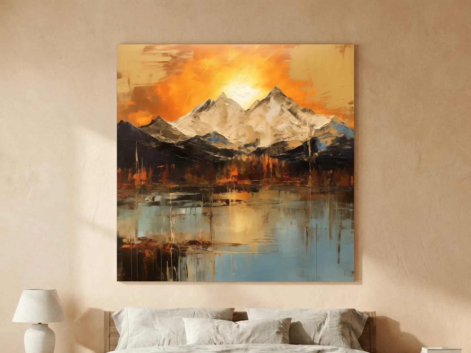 Abstract Mountain Lake Sunset - Textured Effect Alpine Wall Art