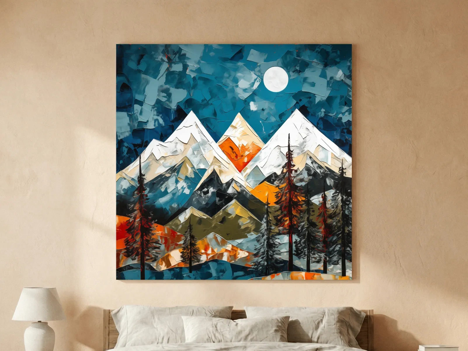 Abstract Impasto Style Mountain Nightscape - Moonlit Alpine Landscape Wall Art