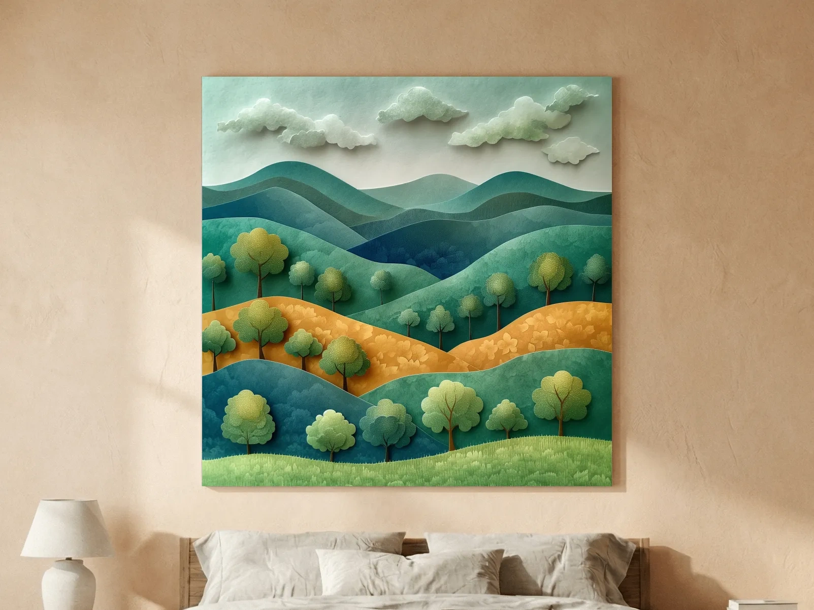 Whimsical Paper Cut Forest Hillscape - Layered 3D Mountains Landscape Wall Art