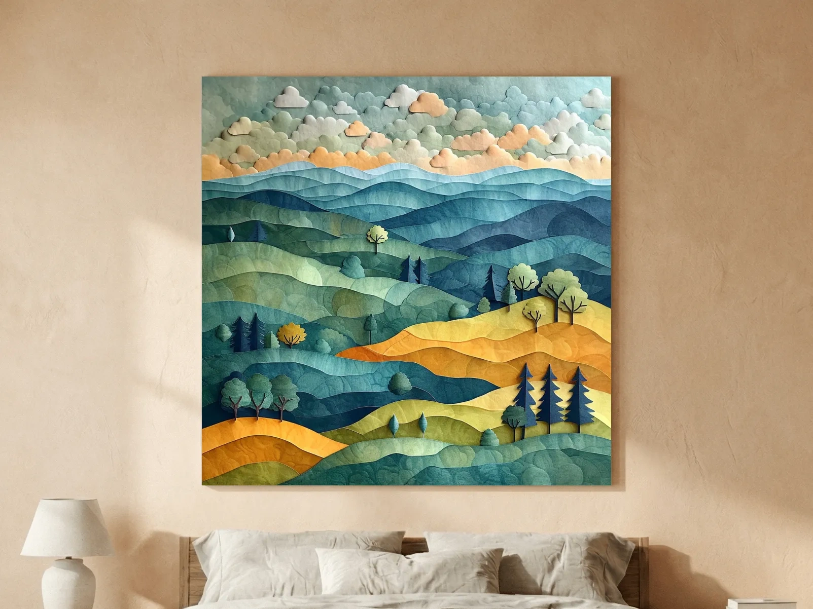 Layered Paper Cut Mountain Landscape - Mixed Media Forest Wall Art