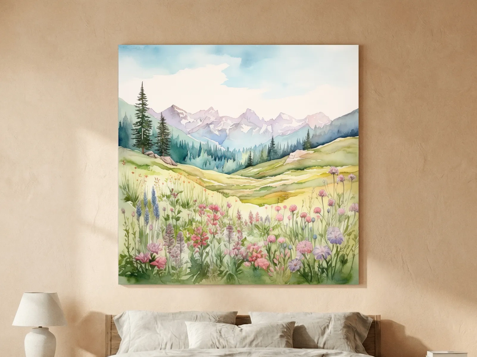 Alpine Meadows Wildflower Watercolour - Pastel Mountains Landscape Wall Art