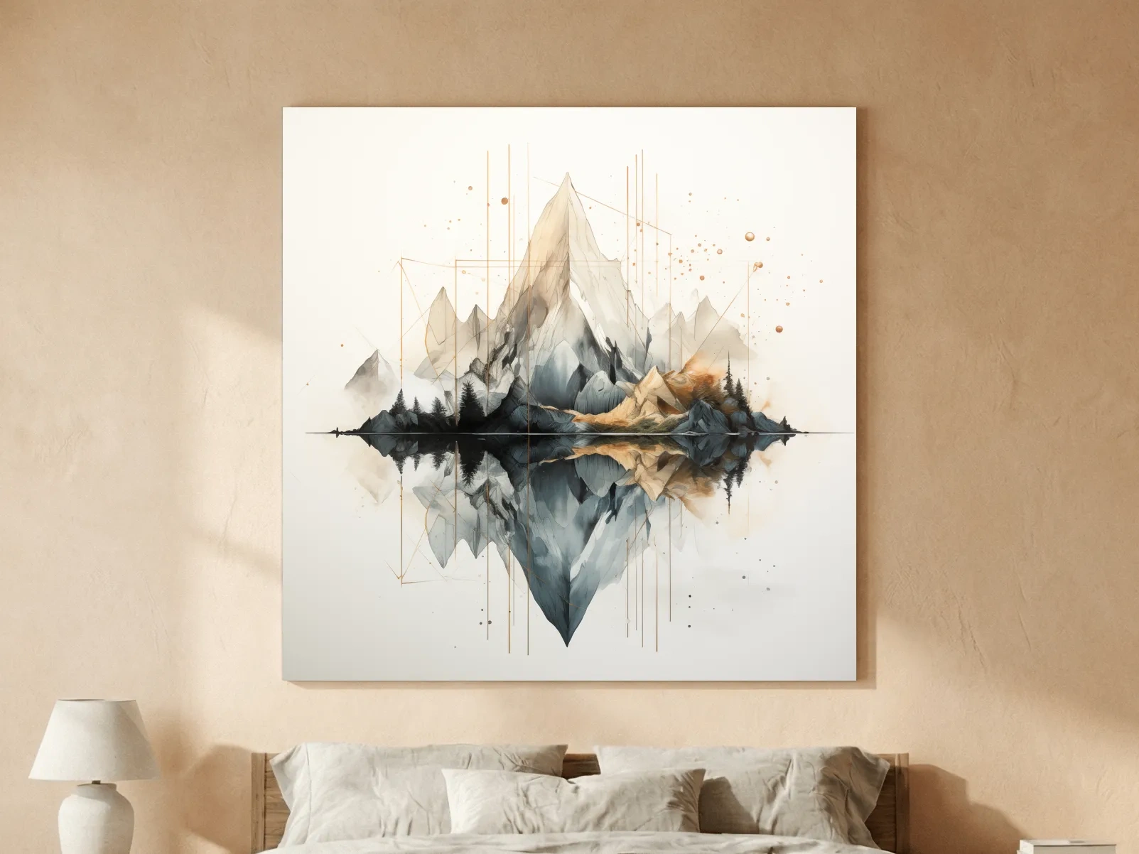 Geometric Watercolor Mountain Reflection Landscape - Modern Minimalist Wall Art