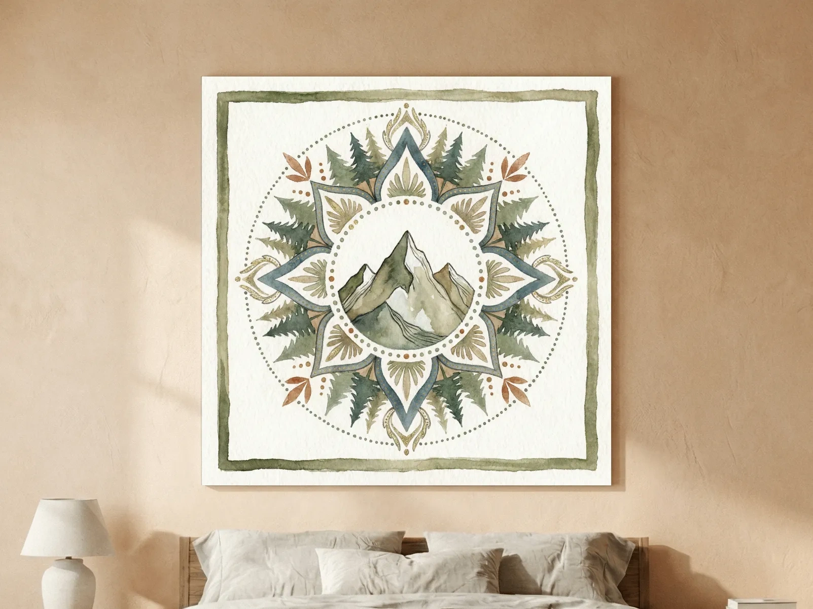 Mountain Mandala Watercolor - Boho Botanical Nature Wall Art