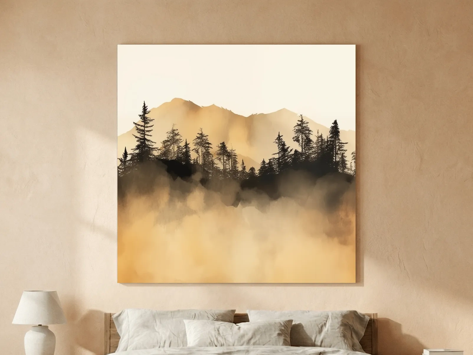 Misty Golden Mountain Pine Forest - Sepia Watercolor Landscape Wall Art