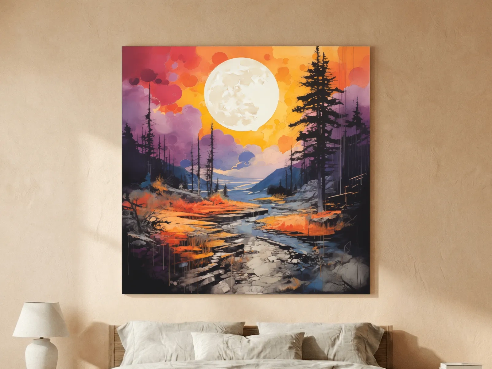 Vibrant River Valley Landscape Illustration - Abstract Sunset Forest Wall Art