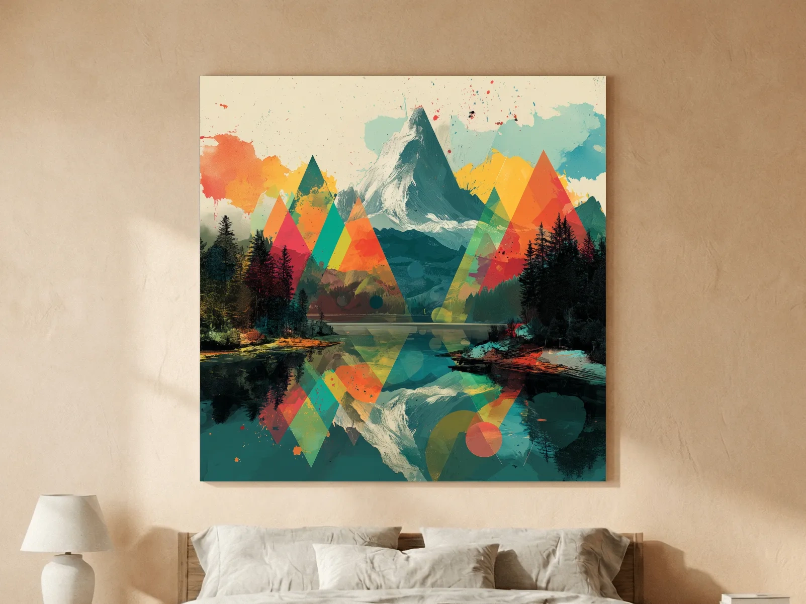 Vibrant Abstract Mountain Lake Collage Art - Colorful Alpine Wall Art