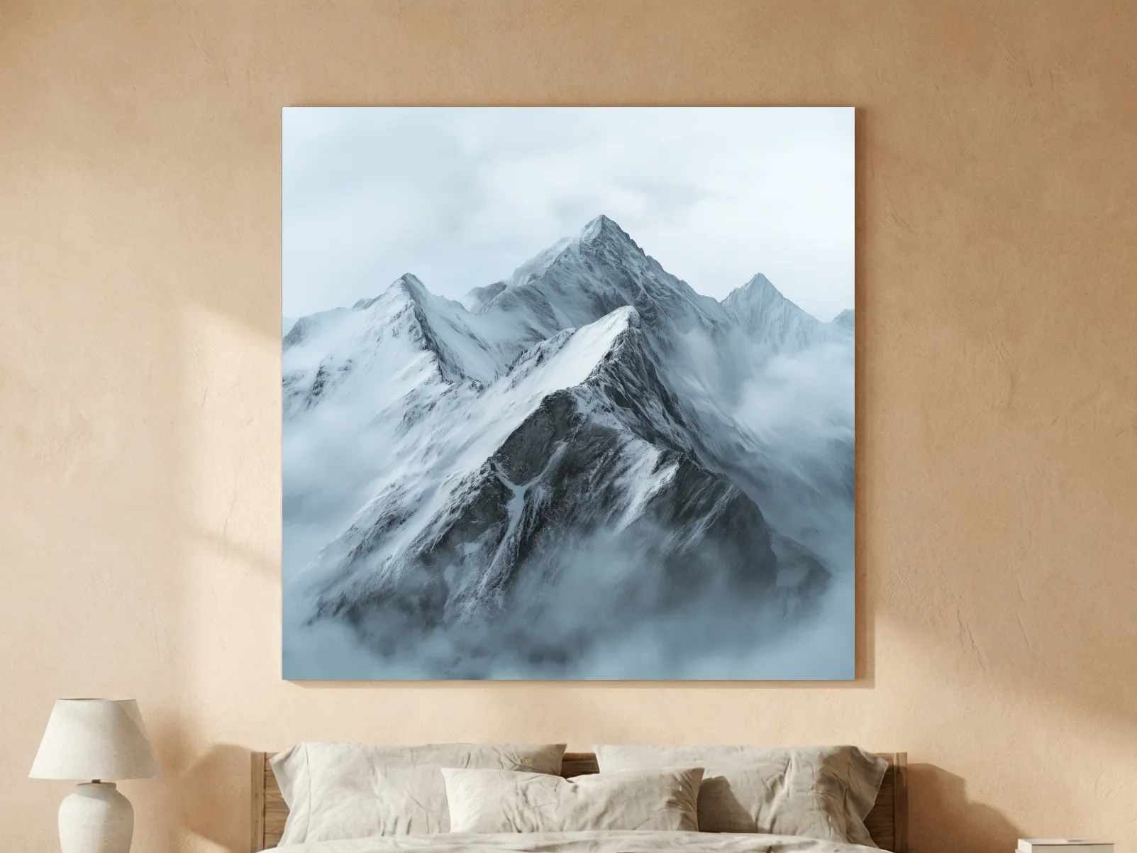 Misty Snowcapped Alpine Peak Landscape - Monochrome Photographic Mountain Wall Art