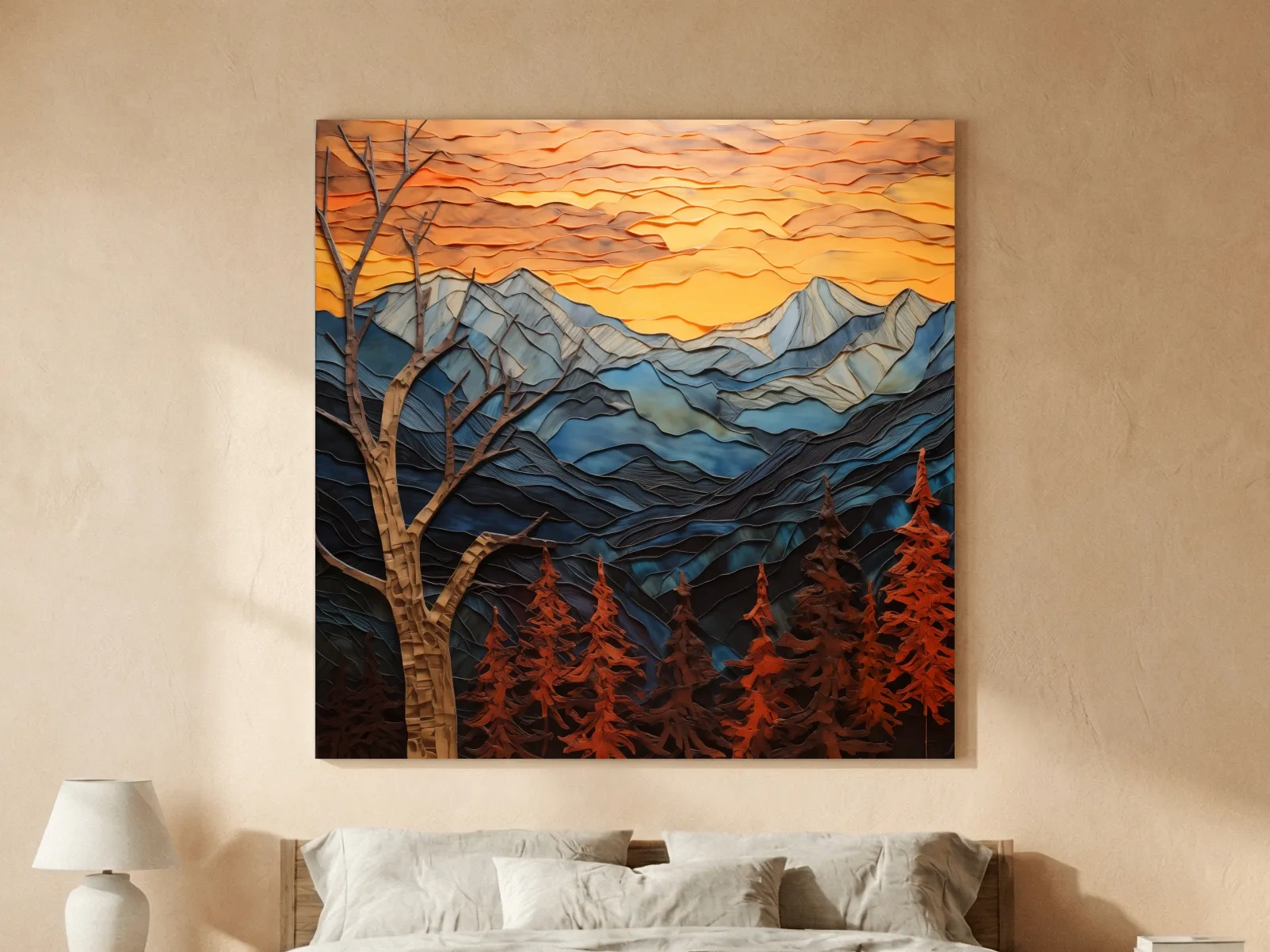 Layered Paper Cut Alpine Mountain Sunset - Mixed Media 3D Landscape Wall Art