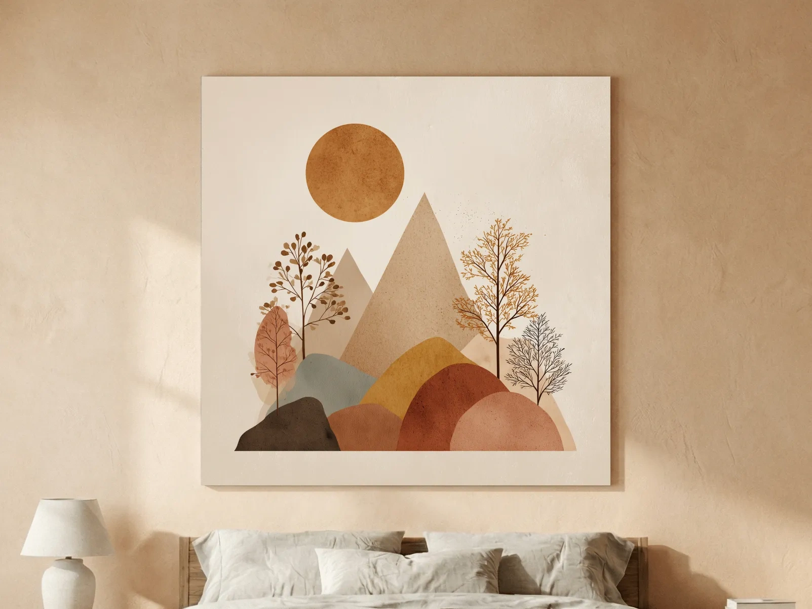 Minimalist Scandi Mountain Sunset Landscape - Boho Neutral Earth Tone Wall Art