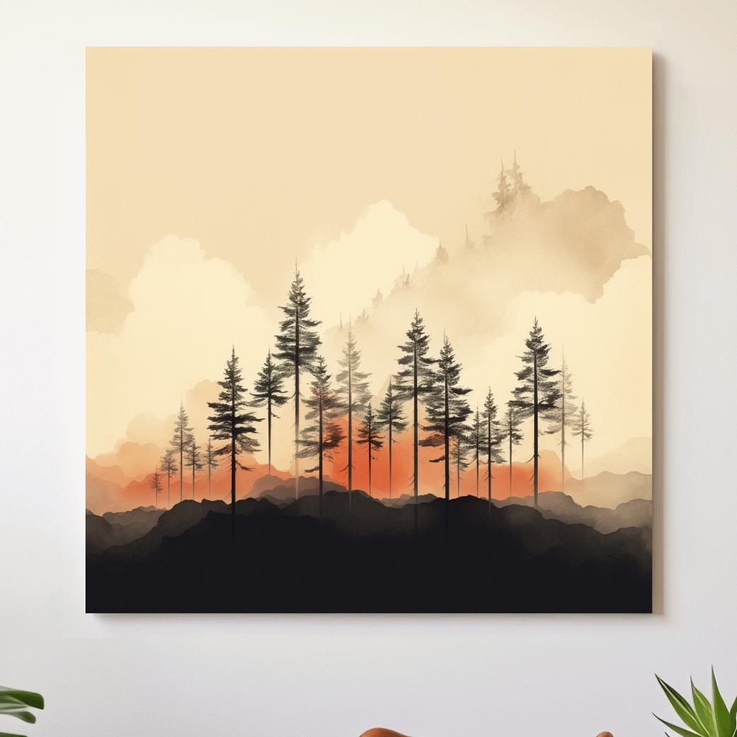 Minimal mountain artwork, tree line in the mist