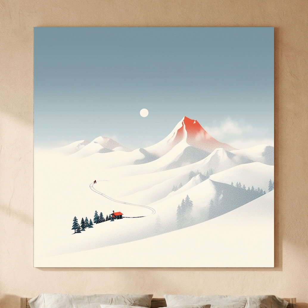 Minimalist Snowy Mountain Cabin Landscape - Nordic Winter Wall Art