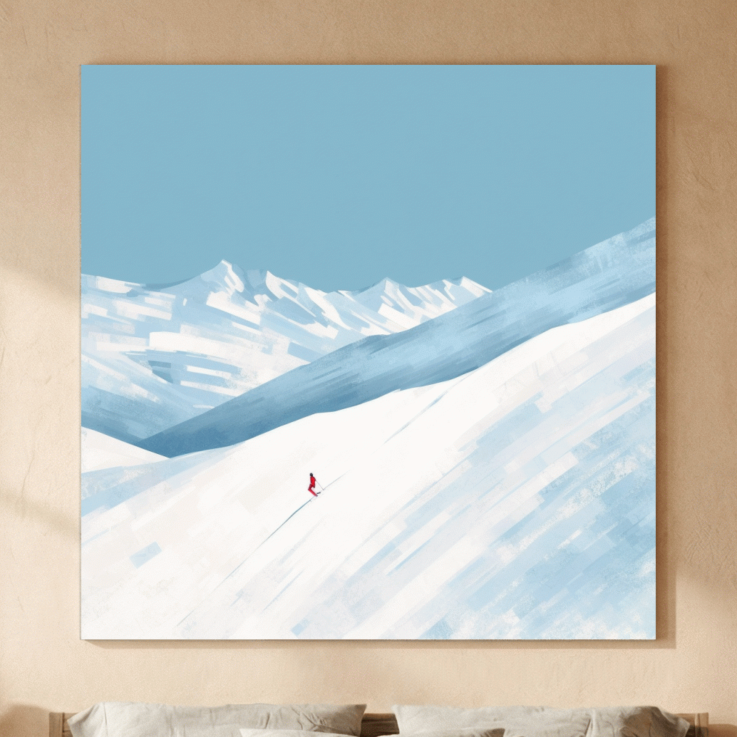 Minimalist Snowy Mountain Skier Painting - Alpine Winter Wall Art