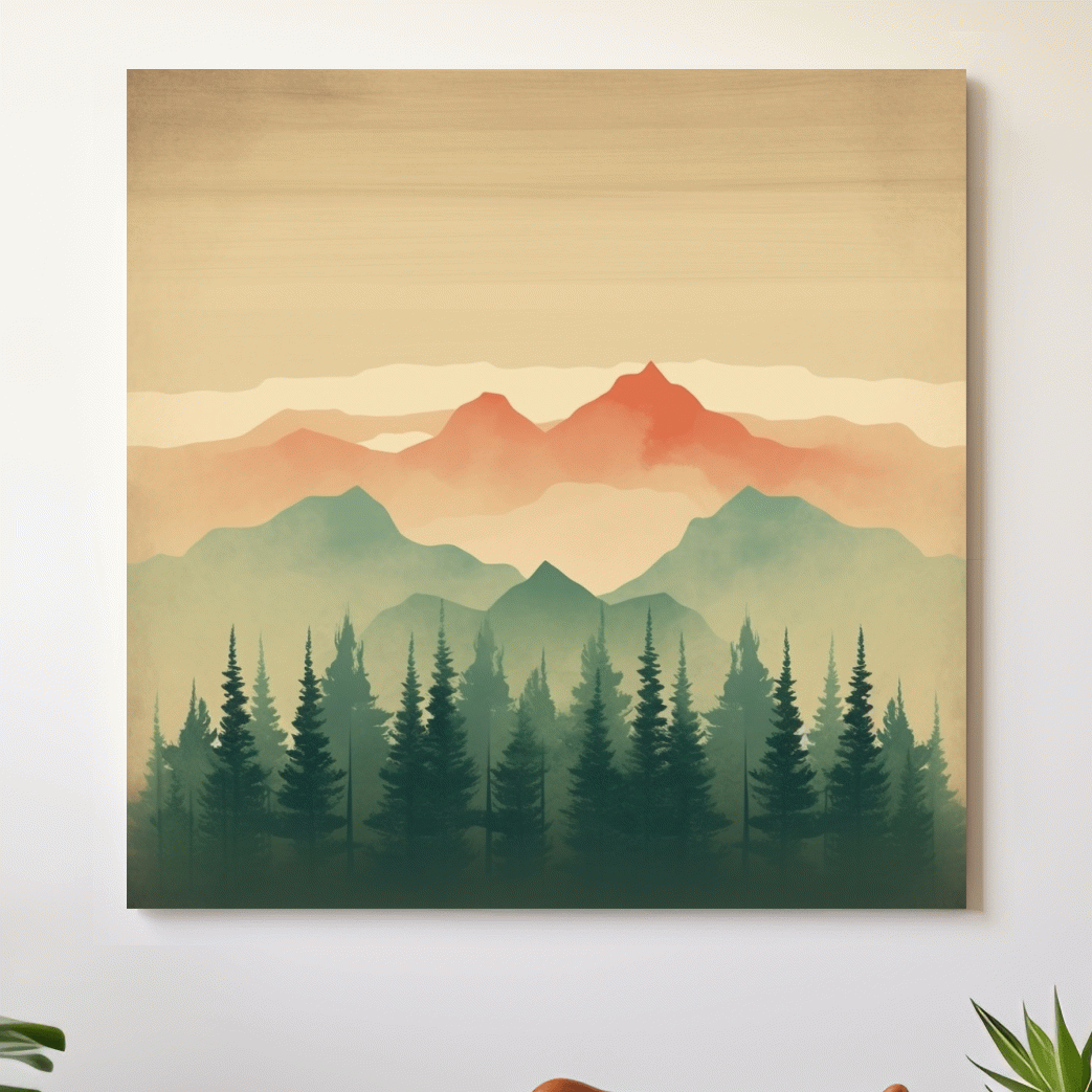 Minimal mountain artwork, treeline in the alpine mist