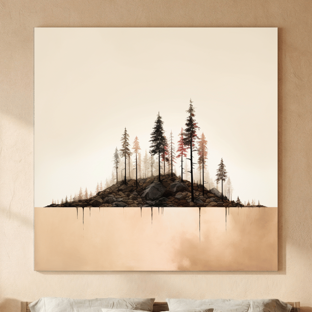 Minimalist Pine Forest Lake Illustration - Scandinavian Landscape Artwork