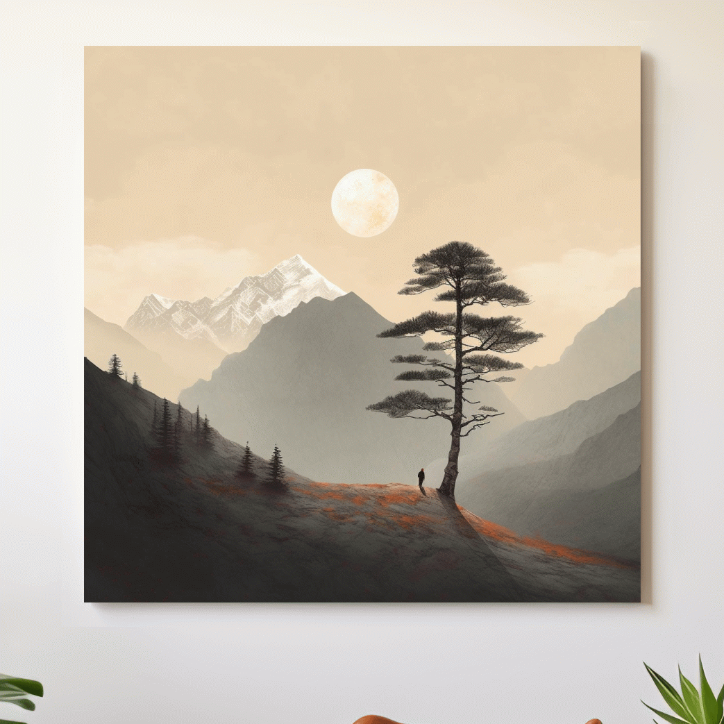 Minimal mountain art, lonely tree