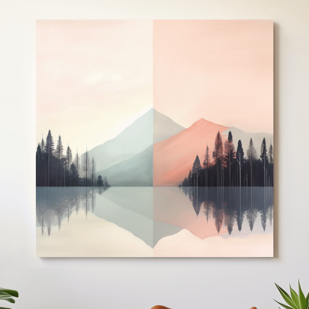 Mimimal mountain art, alpine treelined lake