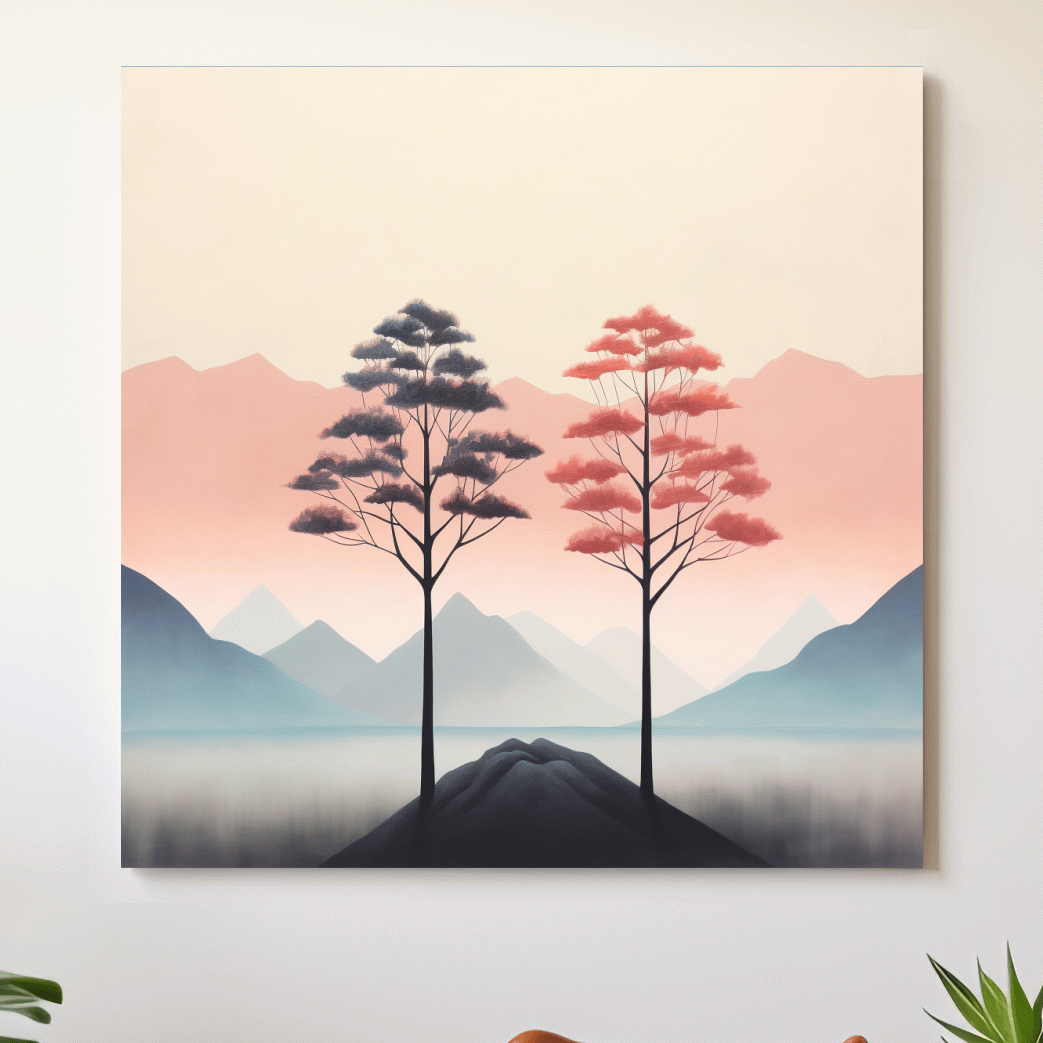 Minimal pastel art, two trees before the mountain landscape