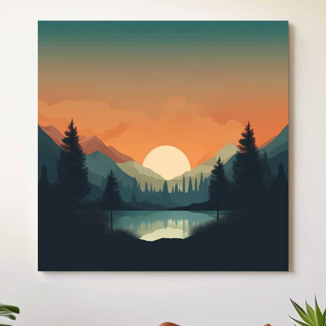 Minimal sunset mountain lake artwork, serene landscape with reflections