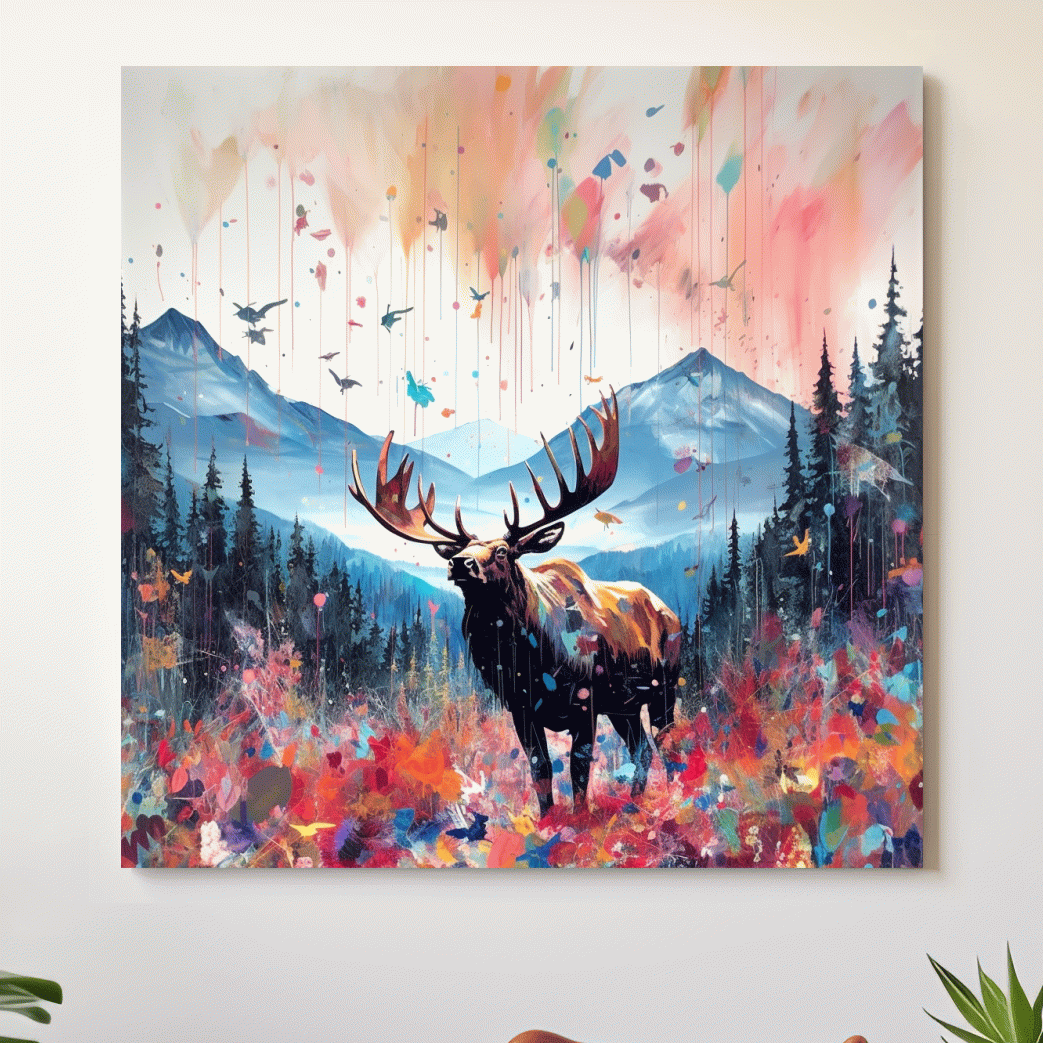 Abstract splattered painting of a large moose