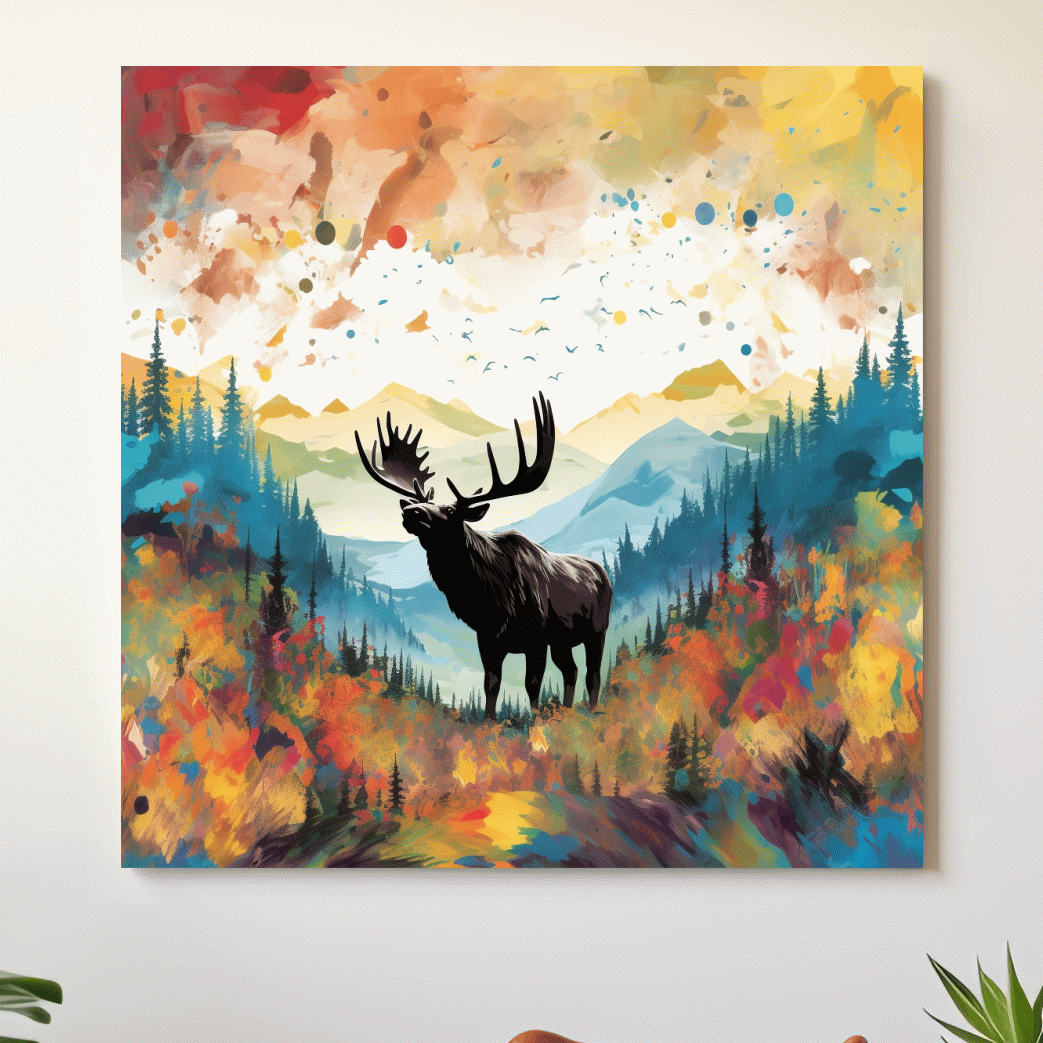 Abstract splattered painting of a large moose