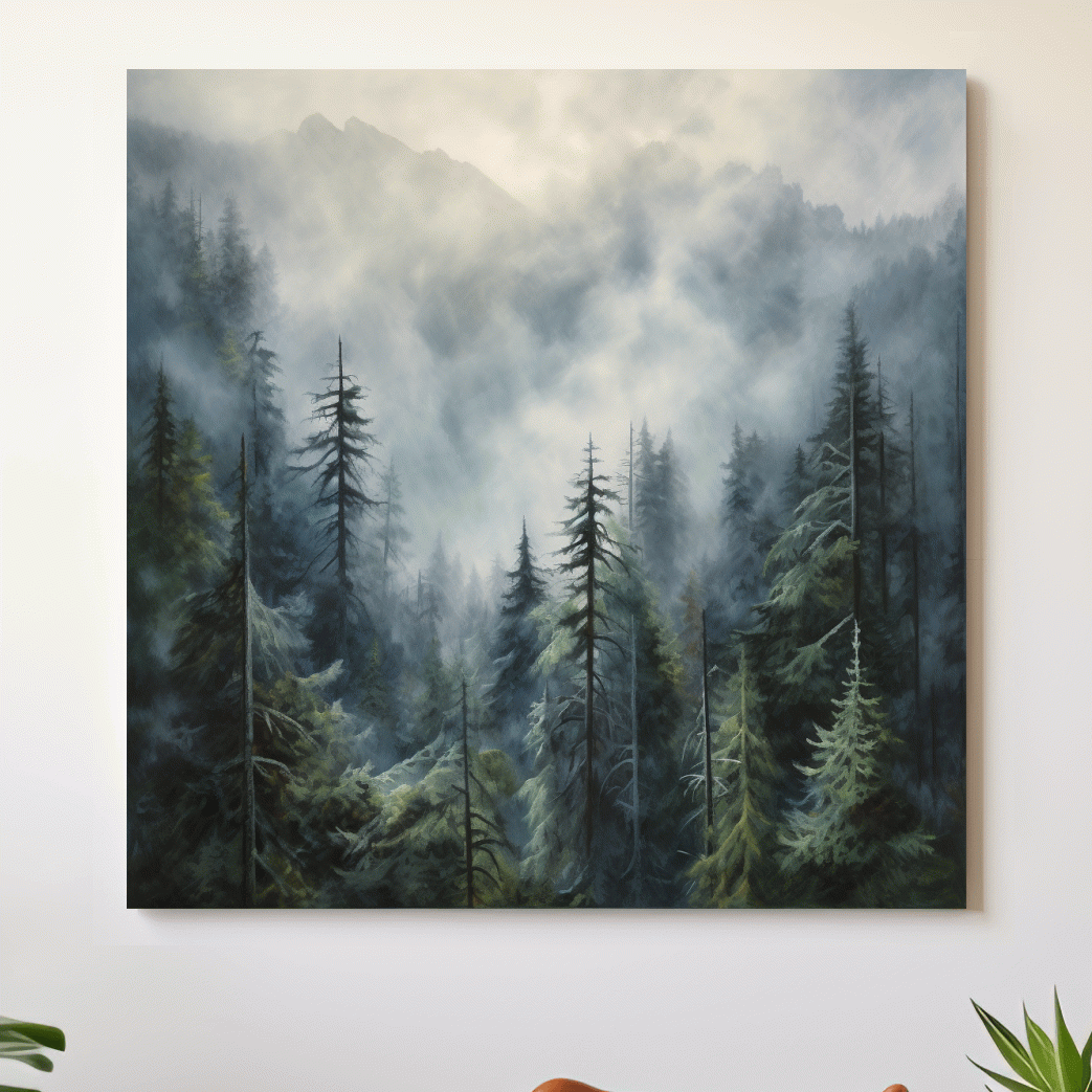 Painting of foggy forest in the mountains