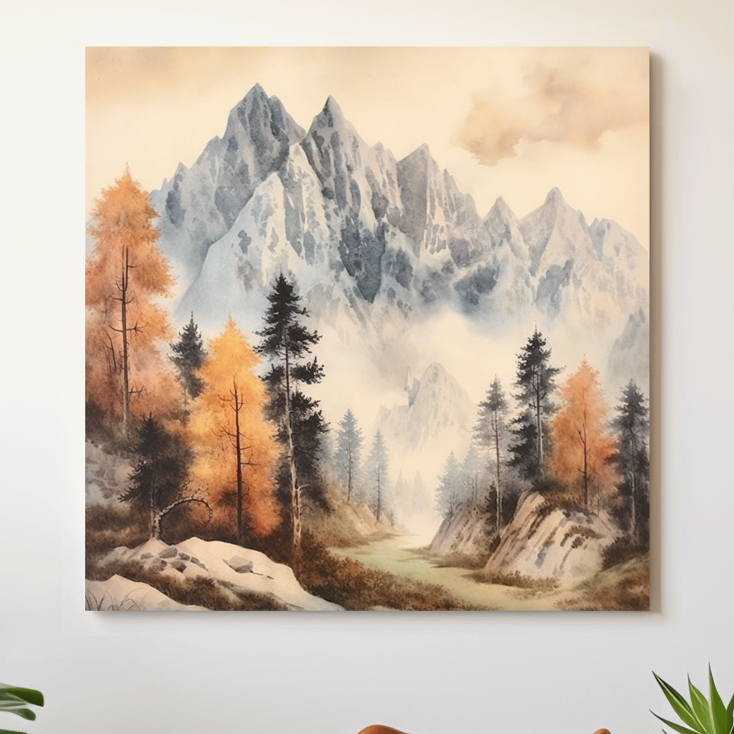 Watercolour painting of mountains and trees