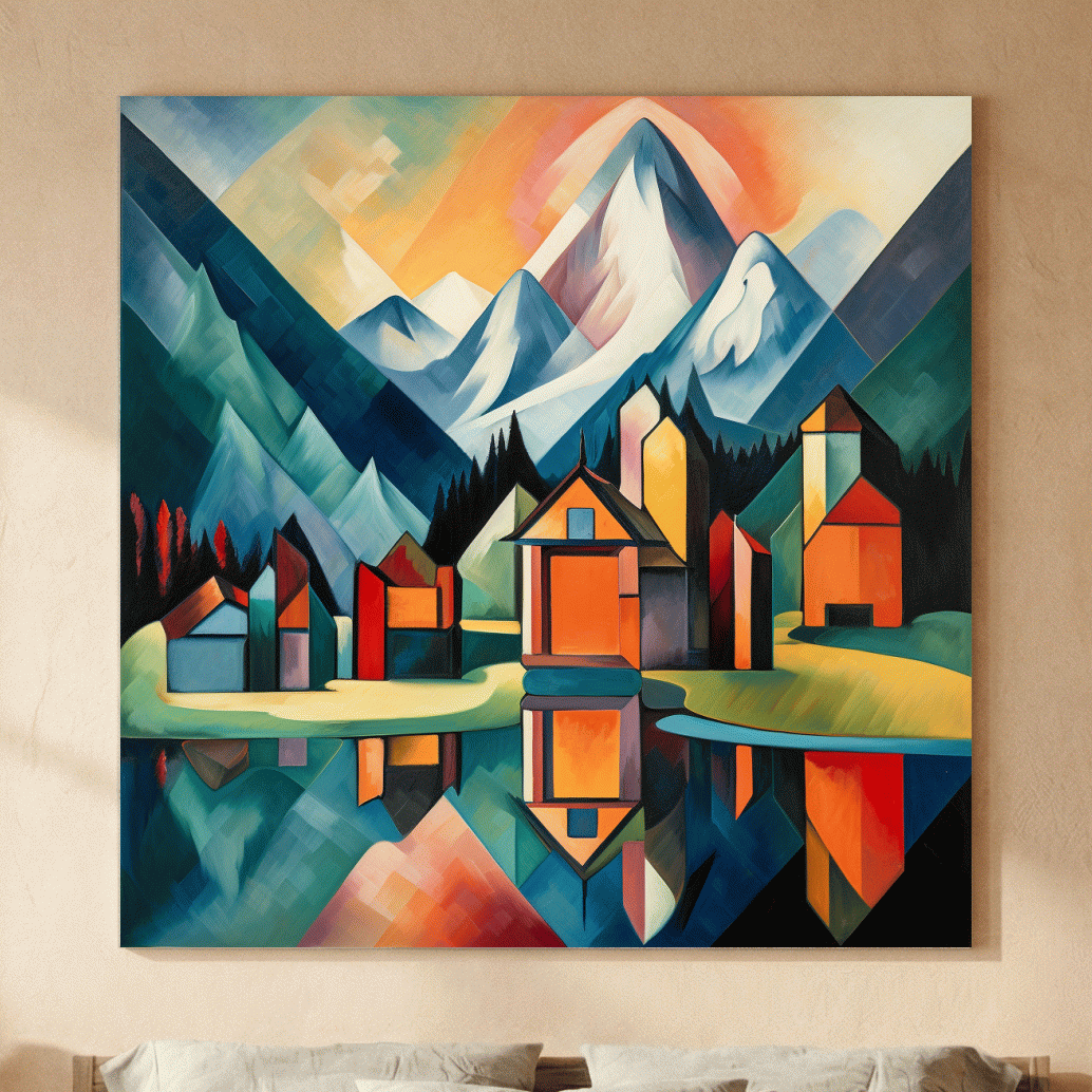 Colorful Geometric Alpine Village Lake Painting - Modern Abstract Mountain Wall Art