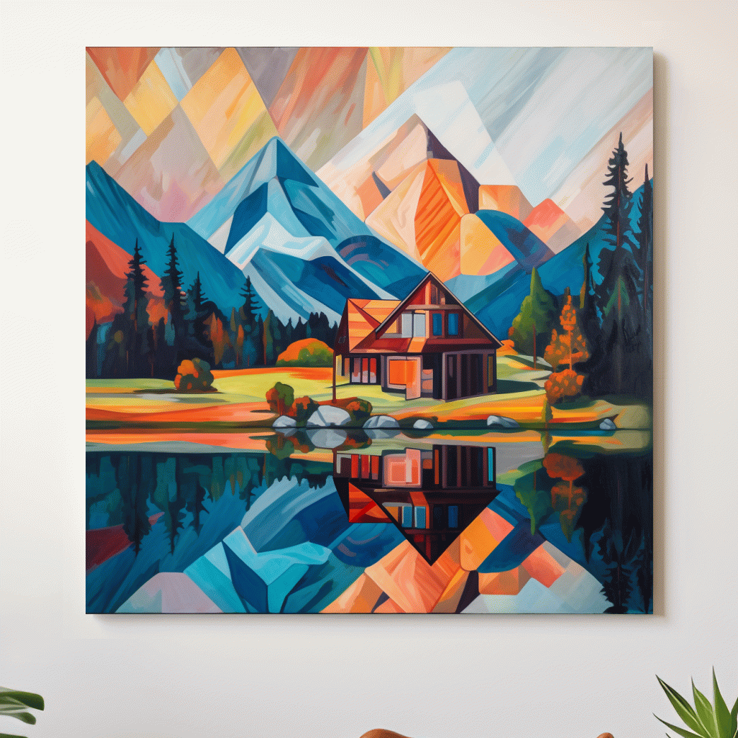 Abstract painting of a cabin by a lake at sunrise