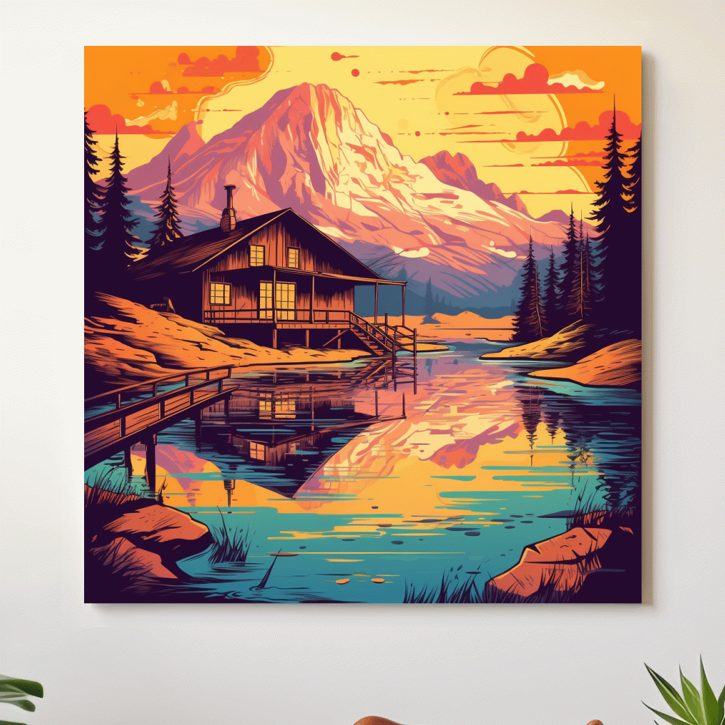 Colourful illustration of a cabin by an alpine lake at sunset