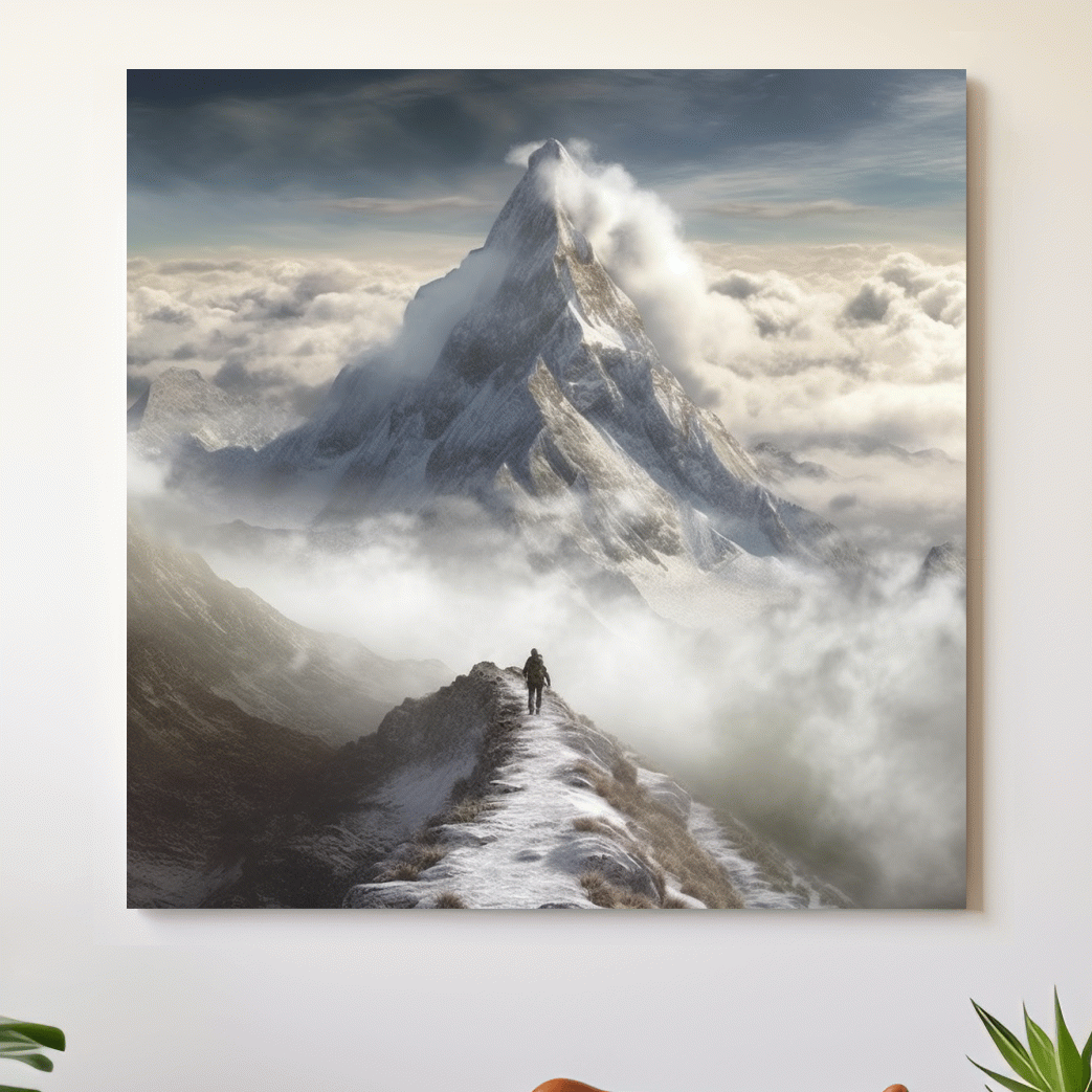 Painting of a person walking along a high alpine ridge