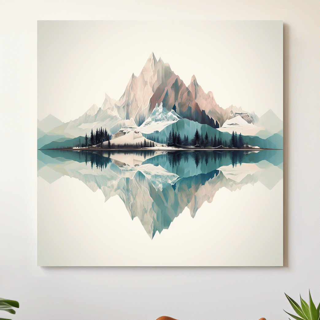 Minimalist Alpine Mountain Lake Reflection - Serene Pastel Watercolour Wall Art