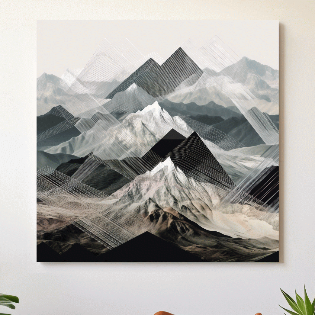 Photographic mountain art, overlayed with abstract lines