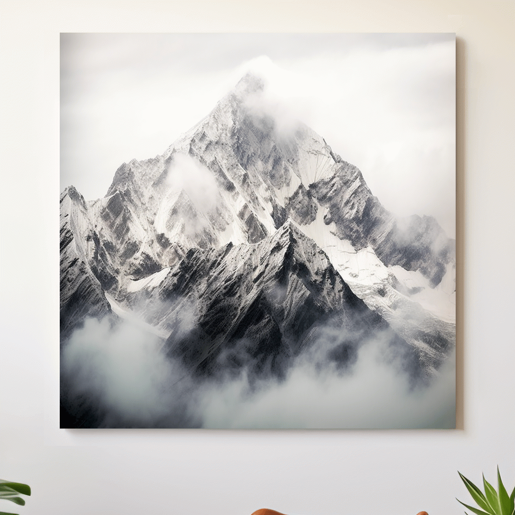 Photographic art, snowy glacier in the clouds