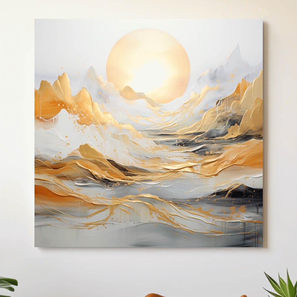 Mountain landscape art, gold leaf painting style