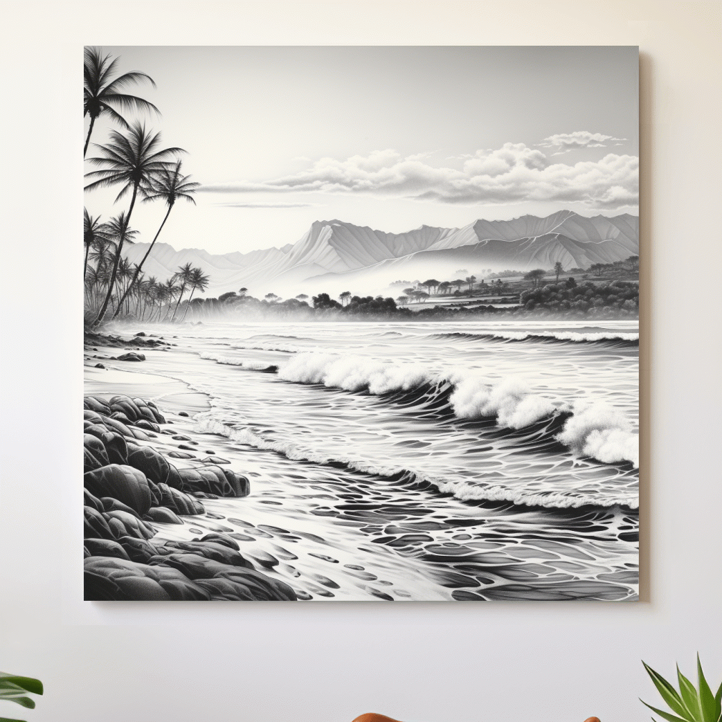 Black and white drawing of a tropical beach mountain scene