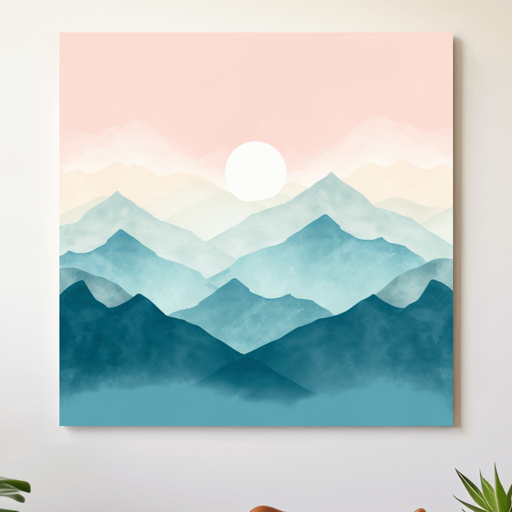 Minimalist Watercolor Misty Mountain Sunrise - Pastel Alpine Landscape Wall Art