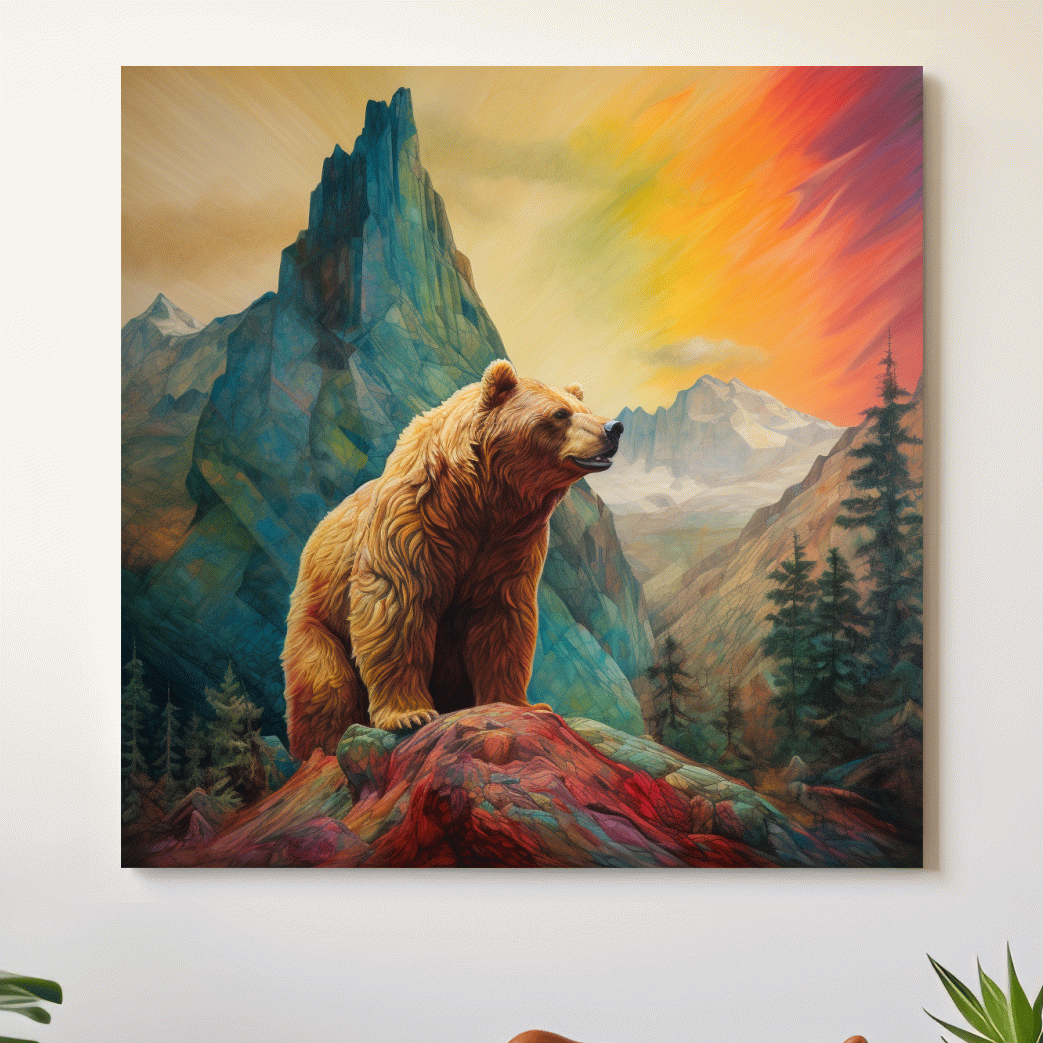 Majestic Grizzly Bear Mountain Landscape - Vibrant Painting Style Wildlife Wall Art