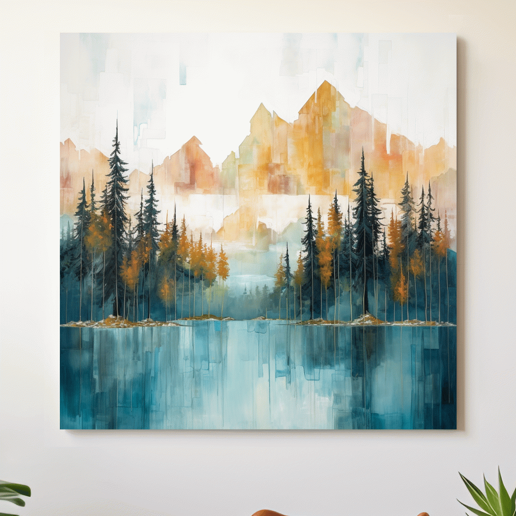 Abstract Watercolor Alpine Lake Reflection - Misty Mountain Forest Wall Art