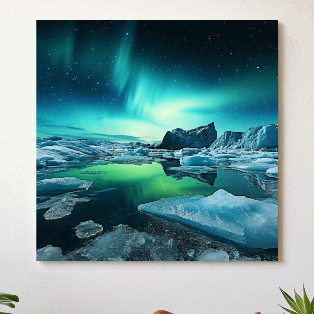 Photographic art, turquoise northen lights over the artic ice