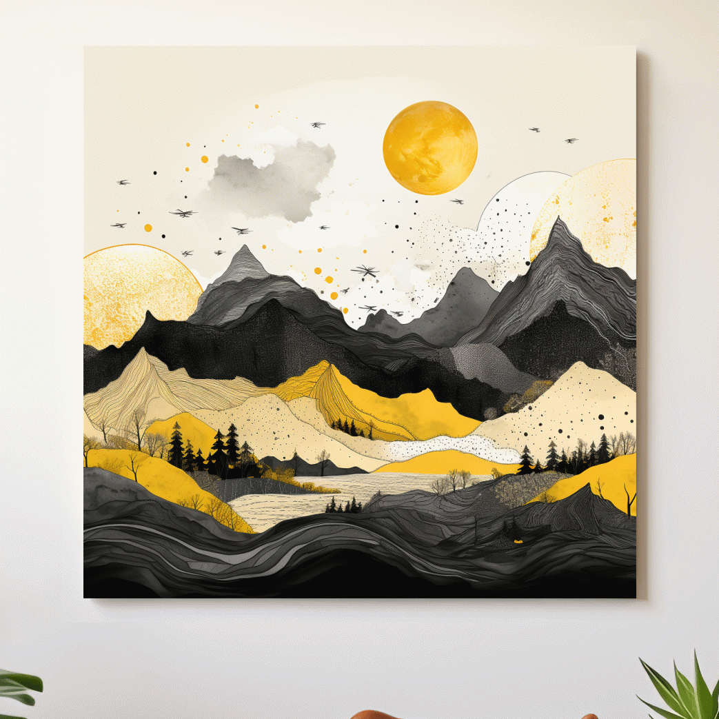 Bold lines mountain illustration, yellow and black
