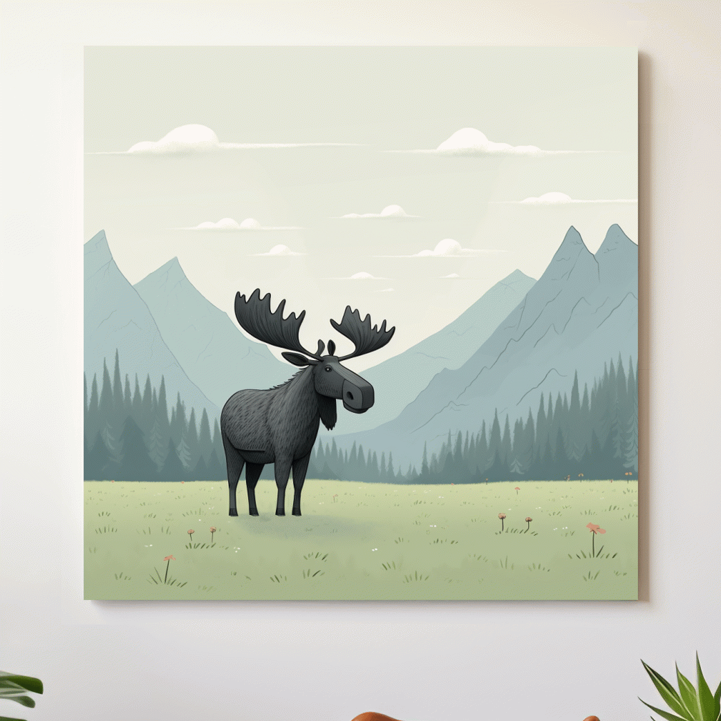 Childrens illustration of a moose in the alpine