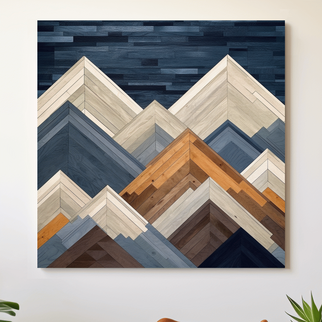 Wooden panel art, mountain ranges made from wood print