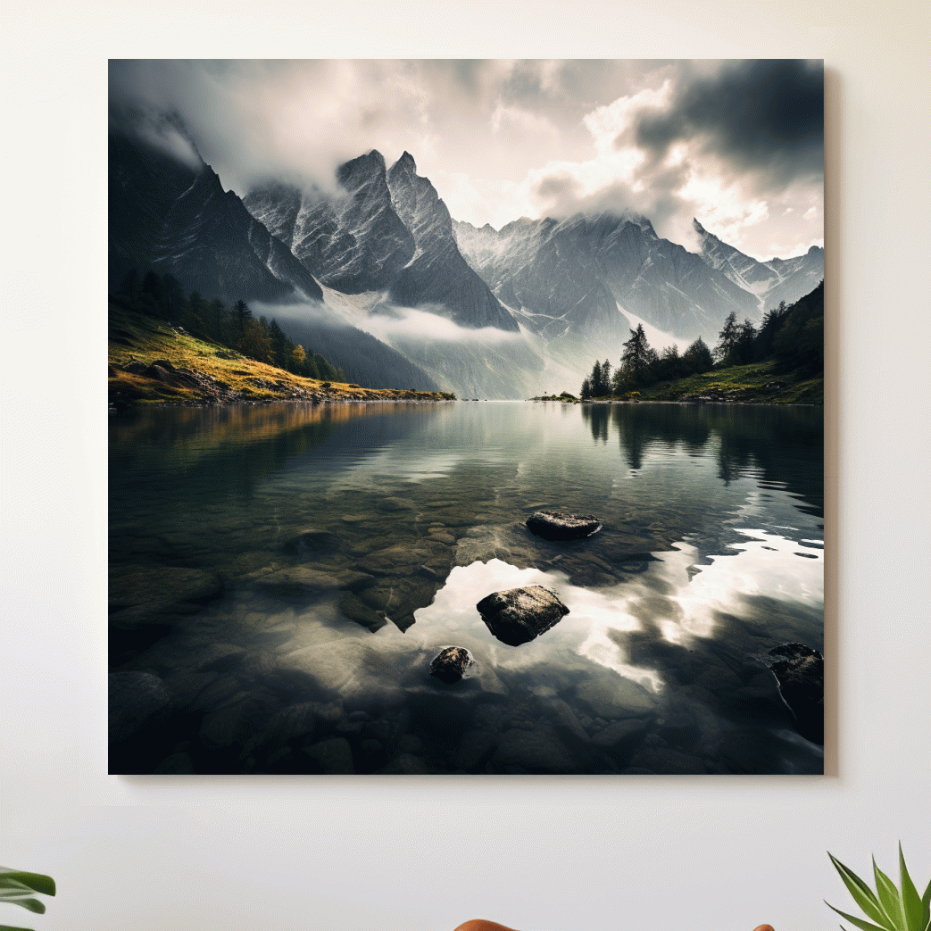 Photographic art, dramatic clouds over an alpine lake