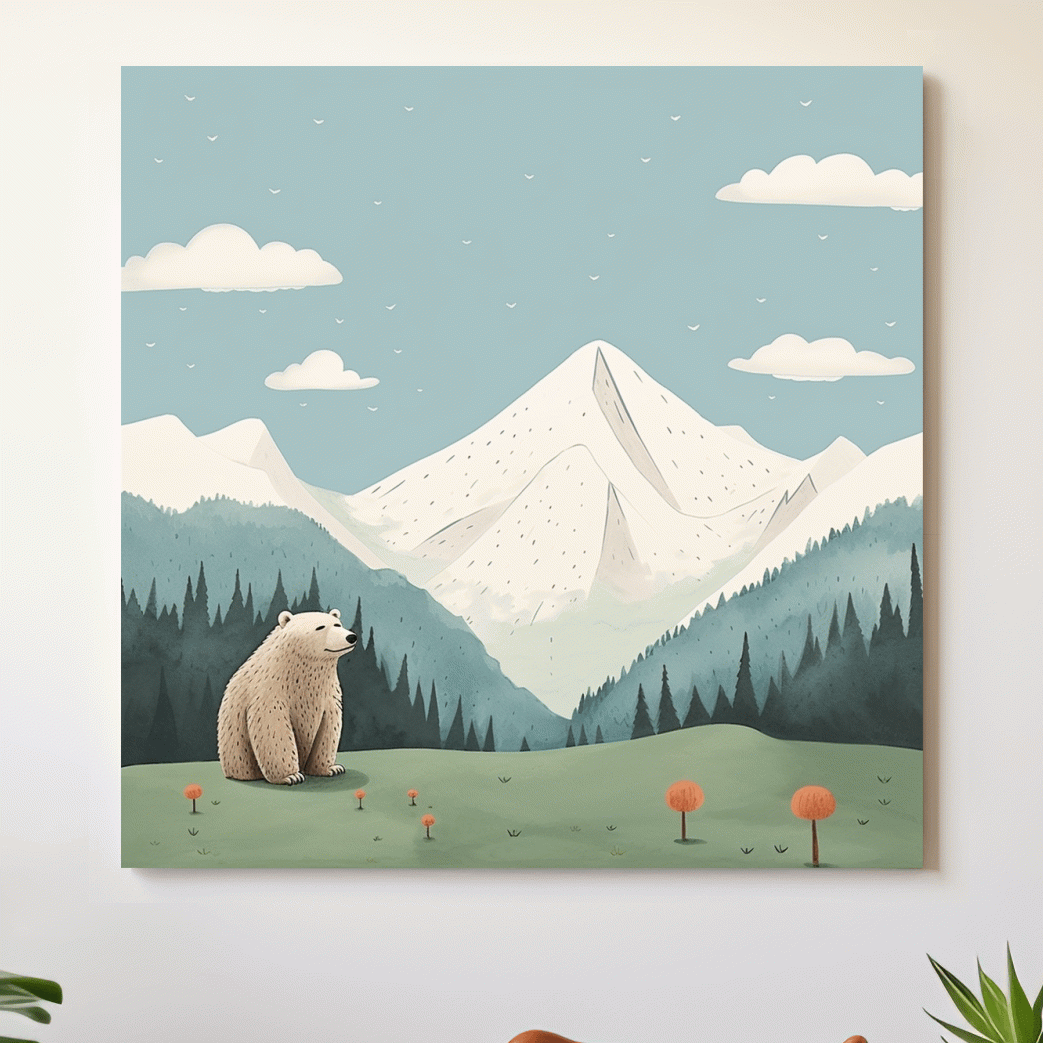 Illustration of a happy bear sitting in the alpine