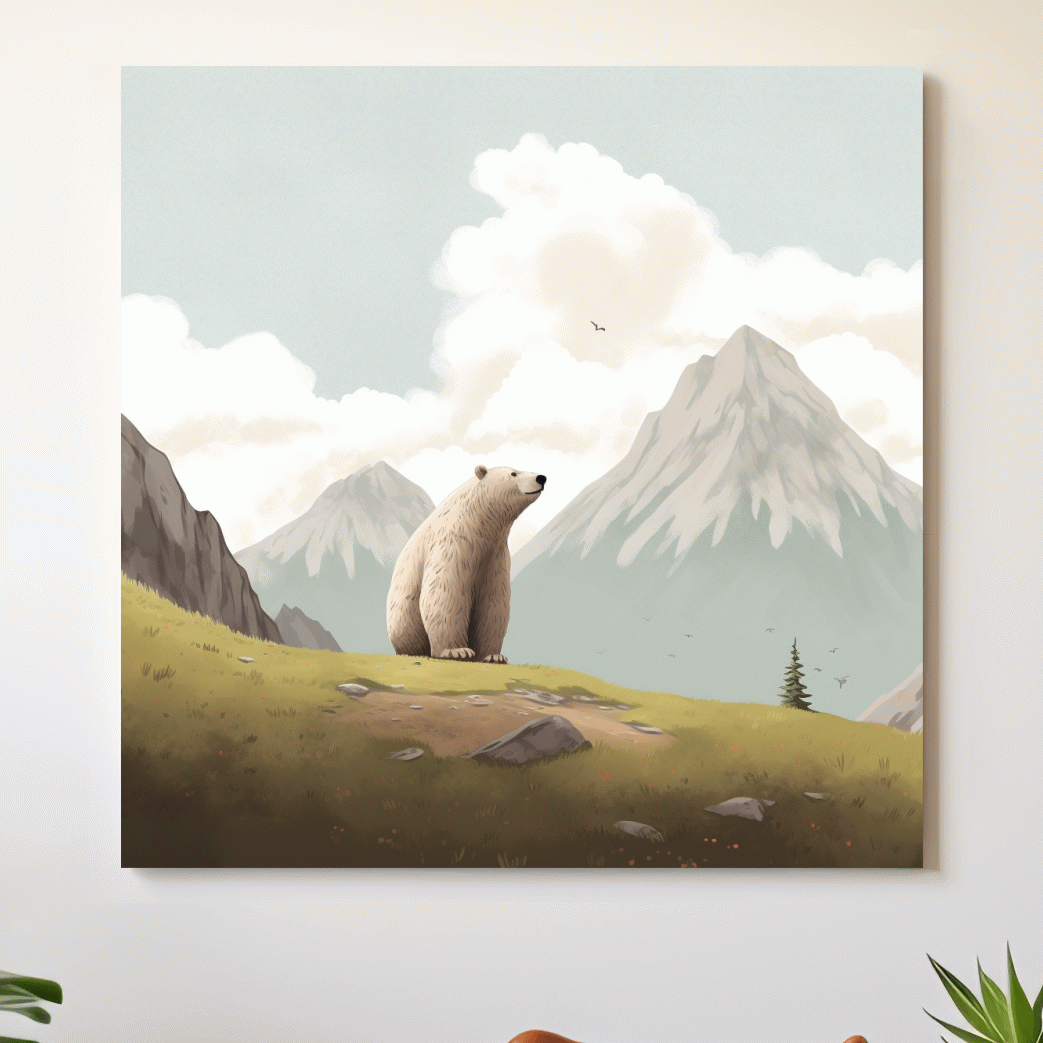 Illustration of a happy bear chilling in the alpine