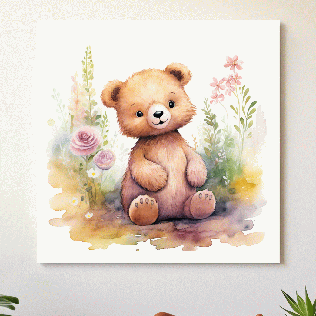 Nursery art, watercolor painting of a cute baby bear