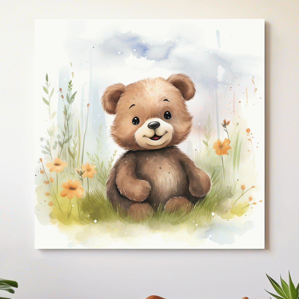 Nursery illustration, watercolor painting of a cute happy bear cub
